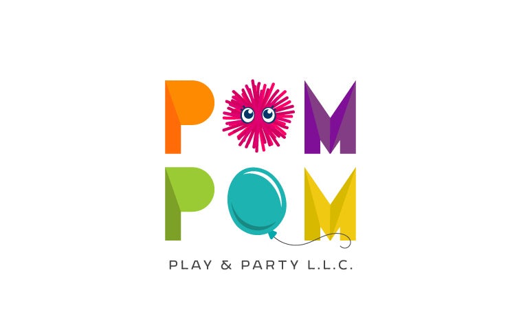 colorful rainbow  logo  with pom poms and balloons