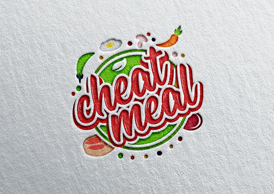 circular  logo  with various foods surrounding the words “cheat meal”