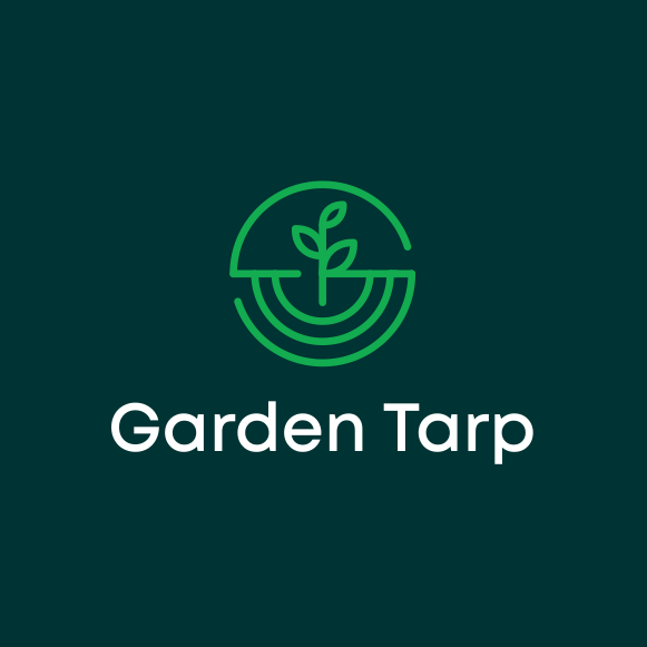 geometric  logo  of a circle around a plant growing in dirt depicted via line art and the text “Garden Tarp”