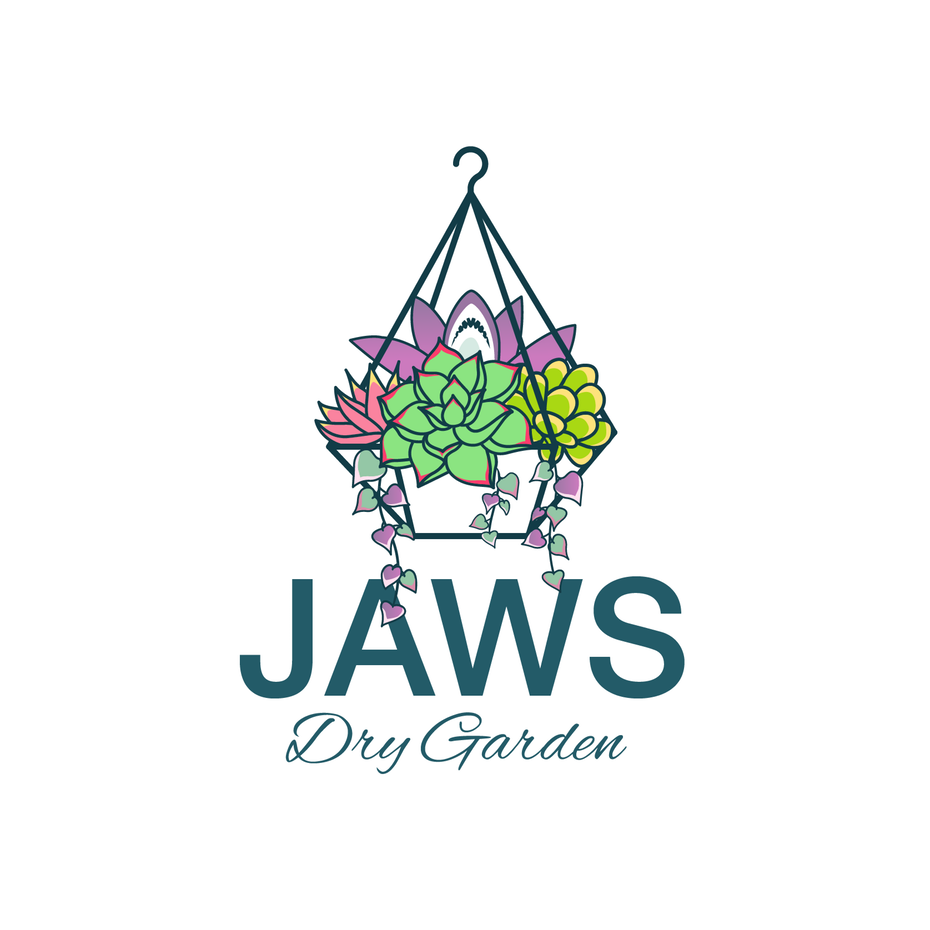 hanging basket filled with succulents and the text “Jaws Dry Garden”