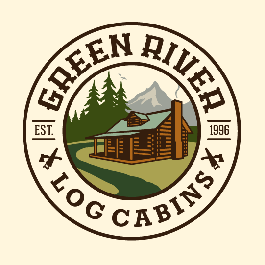 round  logo  showing an image of a log cabin with the text “green river log cabins”