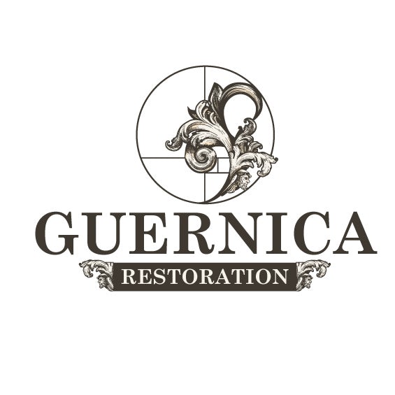 round  logo  of a flower curved along the side of a circle and the text “Guernica Restoration”