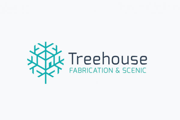 line drawing of a snowflake with an image of a house worked into its middle and the text “Treehouse Fabrication & Scenic”