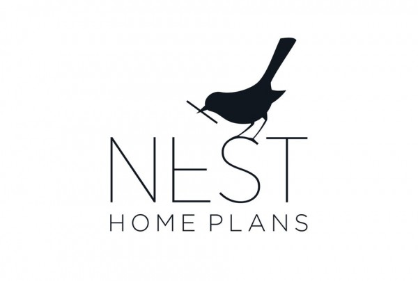 black silhouette of a birth with a twig in its mouth and the text “Nest Home Plans”