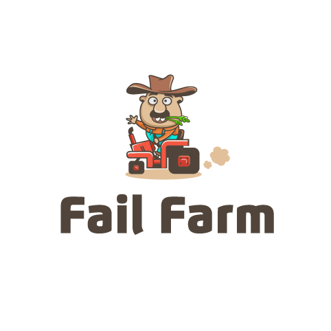 cartoon farmer sitting on a tractor with the text “fail farm”