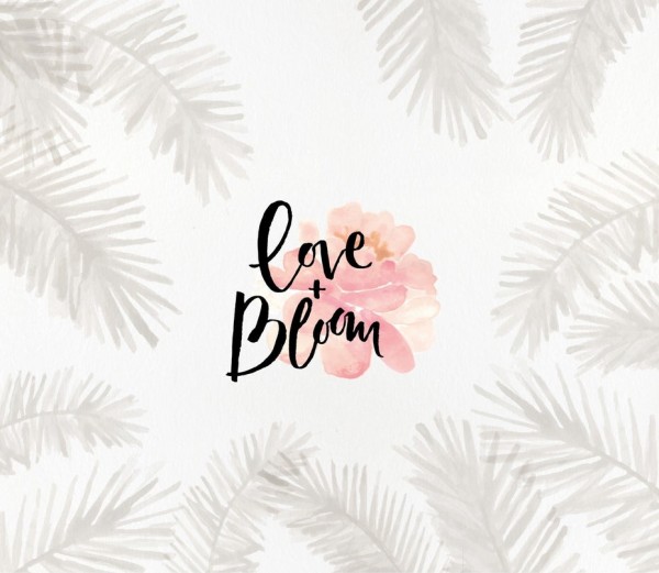 “l(fā)ove and bloom” words against a pink flower, surrounded by gray fan leaves on a white background